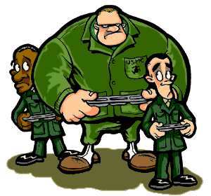 Marine in dungarees towers over two Marines in Dress uniform in chow hall