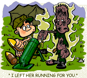 cartoon of burned-up Marine handing keys to shocked mortar marine