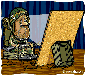 Army GI watches war movie on particle board