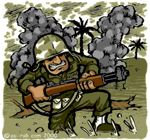 Marine in battle charges hill on Iwo Jima