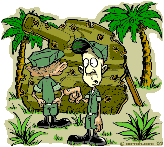 Mock Sherman tank prop riddled with bullet holes. Funny Marine picture